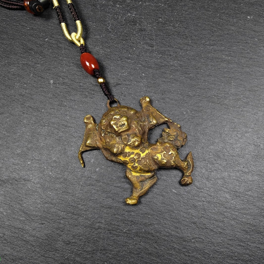Authentic Tibetan Snow Lion Amulet - Vintage Protective Charm - Made of Brass with Gold Plated - 19th