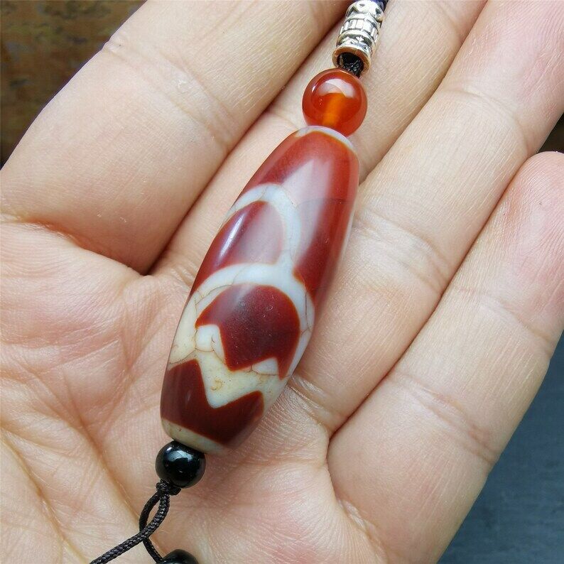 Fire Agate Lotus Dzi Bead Necklace,1.57" × 0.75" Gandhanra-ART