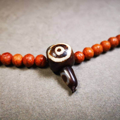 Old 2 Eyed Dzi Guru Bead,T-drilled 3-Hole Mala Bead - Gandhanra-ART