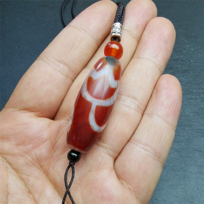 Fire Agate Lotus Dzi Bead Necklace,1.57" × 0.75" Gandhanra-ART