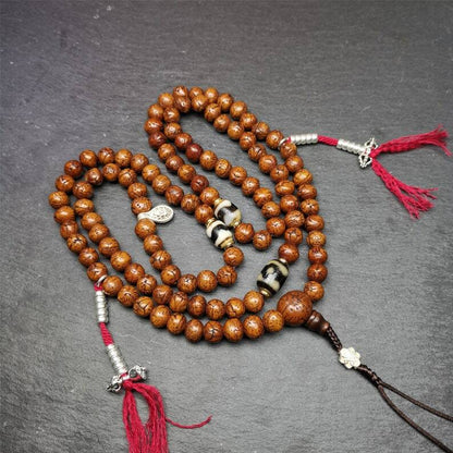 Authentic 10mm Dragon Eyes Bodhi Seed Mala : Old Tibetan Rosary 108 Prayer Beads - 50cm Stretched
