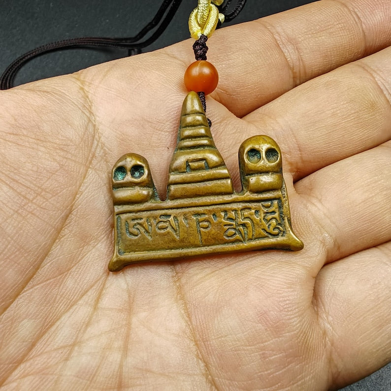 Authentic Tibetan Buddhist Amulet | Copper Stupa Skull Pendant | Buddhist Tower | Protective Charm | Spiritual Necklace