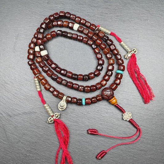 Authentic Tibetan Rosary, Old 8mm 108 Rudraksha Mala Necklace,Prayer Beads with Unique Mix of Treasures,40cm Streched