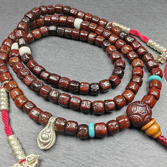 Authentic Tibetan Rosary, Old 8mm 108 Rudraksha Mala Necklace,Prayer Beads with Unique Mix of Treasures,40cm Streched