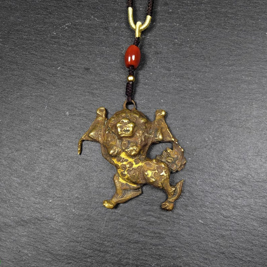Authentic Tibetan Snow Lion Amulet - Vintage Protective Charm - Made of Brass with Gold Plated - 19th