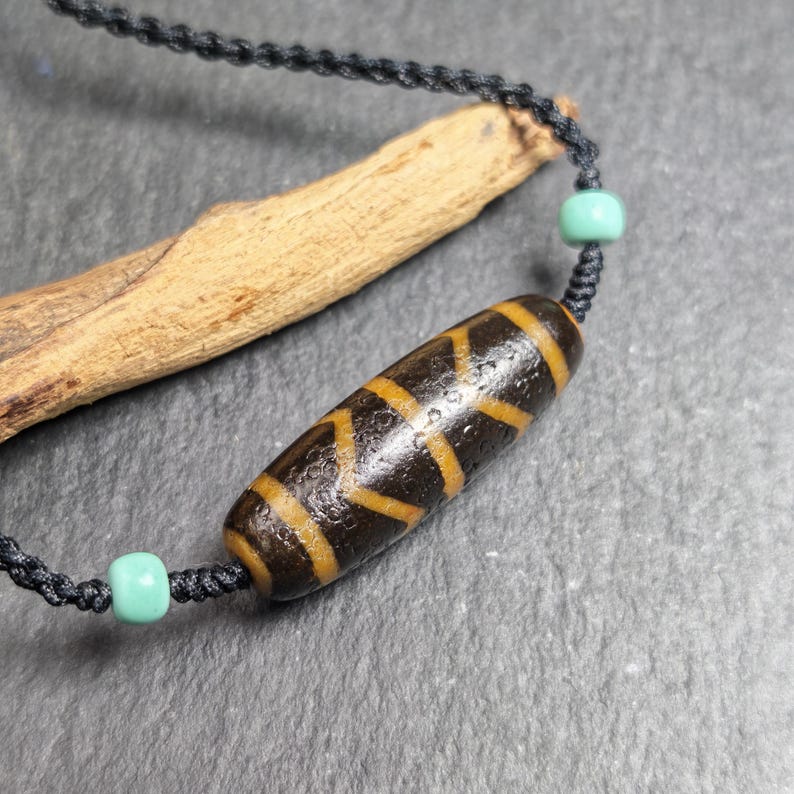 Authentic Wave Totem Dzi Clavicle Chain | Tibetan Jewelry | Protection Necklace & Good Fortune Charm | Spiritual Gift | 39*13mm