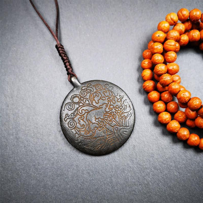 This unique melong badge was collected from Rejia Monastery. It's a Astrology Protective Amulet Pendant,made of thokcha and carved 2 sided pattern. The shape is Tibetan Budhist amulet badge - SIPAHO. The front is calendar pattern, and the back is elephant.