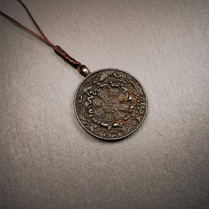 This unique melong badge was collected from Rejia Monastery. It's a Astrology Protective Amulet Pendant,made of thokcha and carved 2 sided pattern. The shape is Tibetan Budhist amulet badge - SIPAHO. The front is calendar pattern, and the back is elephant.