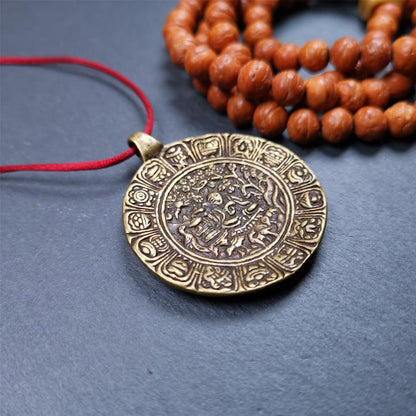 This Longevity Badge was handmade by Tibetan craftsmen and come from Hepo Town, Baiyu County, Tibet. It is made of brass,round shape,the theme is the god of longevity,surrounded by the symbols of Ashtamangala.