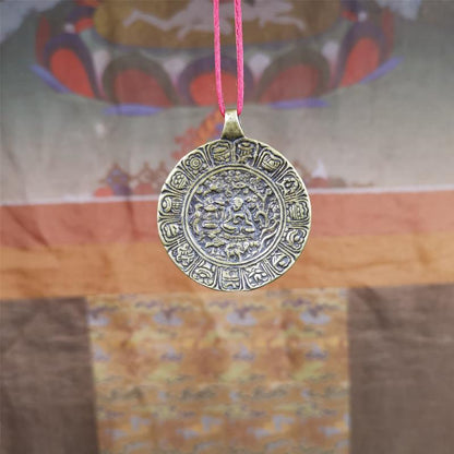 This Longevity Badge was handmade by Tibetan craftsmen and come from Hepo Town, Baiyu County, Tibet. It is made of brass,round shape,the theme is the god of longevity,surrounded by the symbols of Ashtamangala.