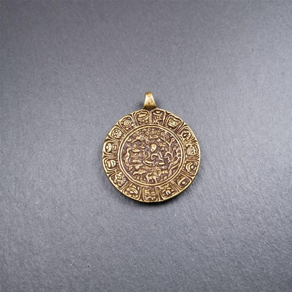This Longevity Badge was handmade by Tibetan craftsmen and come from Hepo Town, Baiyu County, Tibet. It is made of brass,round shape,the theme is the god of longevity,surrounded by the symbols of Ashtamangala.