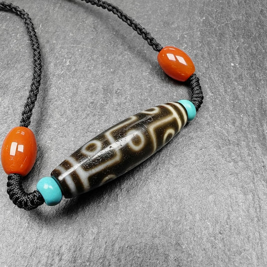 Gandhanra Vintage Tibetan 9 Eyes Dzi Bead Necklace,Protective Charm,Spiritual Gift,1.5" x 0.4"