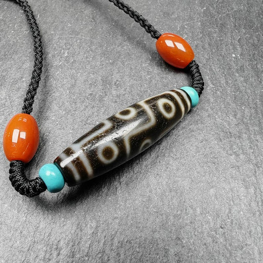 Gandhanra Vintage Tibetan 9 Eyes Dzi Bead Necklace,Protective Charm,Spiritual Gift,1.5" x 0.4"