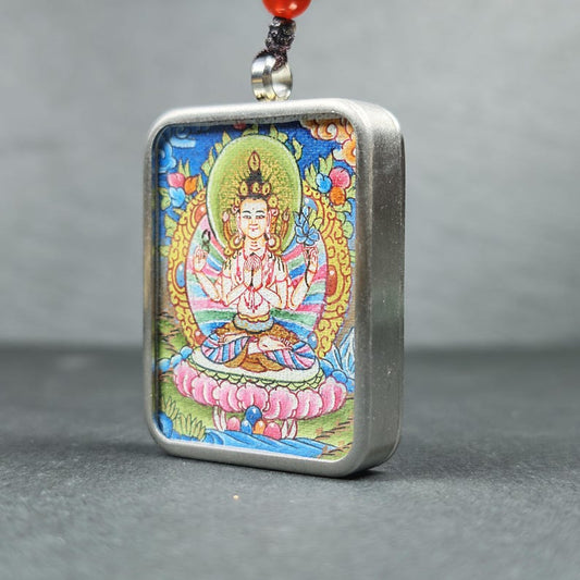 Hand-Painted Chenrezig Locket Thangka – Tibetan Gau Box Amulet Necklace