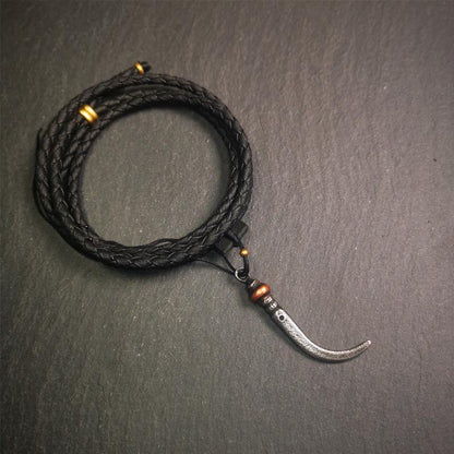 Handmade Tibetan Amulet ,Wolf Tooth Pendant with Leather Cord, 1.77"