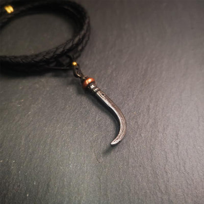 Handmade Tibetan Amulet ,Wolf Tooth Pendant with Leather Cord, 1.77"