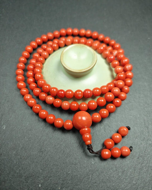 8mm Red Bamboo Coral Necklace Mala - 41cm stretched Gandhanra-ART