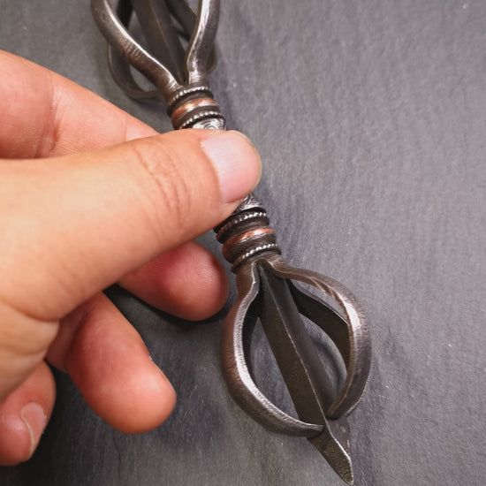These beautiful vajra were handmade by Tibetan craftsmen from Tibet in 1990's,from Hepo Town, Baiyu County, the birthplace of the famous Tibetan handicrafts. It is five-pronged vajra,made of cold iron,inlaid copper wire,black color.