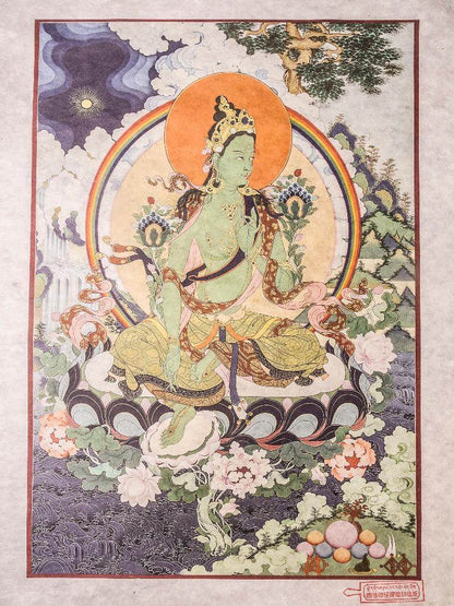 Green Tara Woodblock Thangka Art - Gandhanra-ART