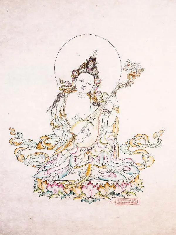 Saraswati,Sharada,Woodblock Thangka Art - Gandhanra-ART