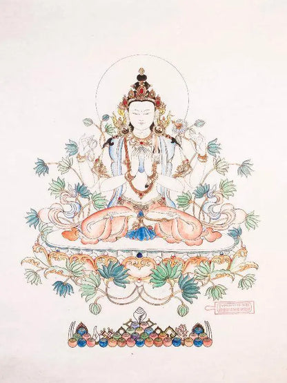 Chenrezig Woodblock Thangka Art - Gandhanra-ART