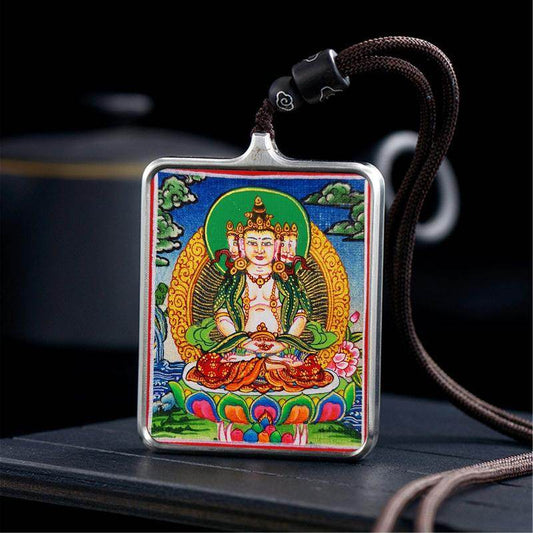 Gandhanra Handpainted Locket Thangka Amulet,Vairocana,Cosmic Buddha, Primordial Buddha,Packed in Gau Shrine Box - Gandhanra-ART