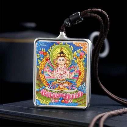 Gandhanra Handpainted Locket Thangka Amulet,Chenrezig,Avalokitesvara,Padmapani,Packed in Gau Shrine Box - Gandhanra-ART
