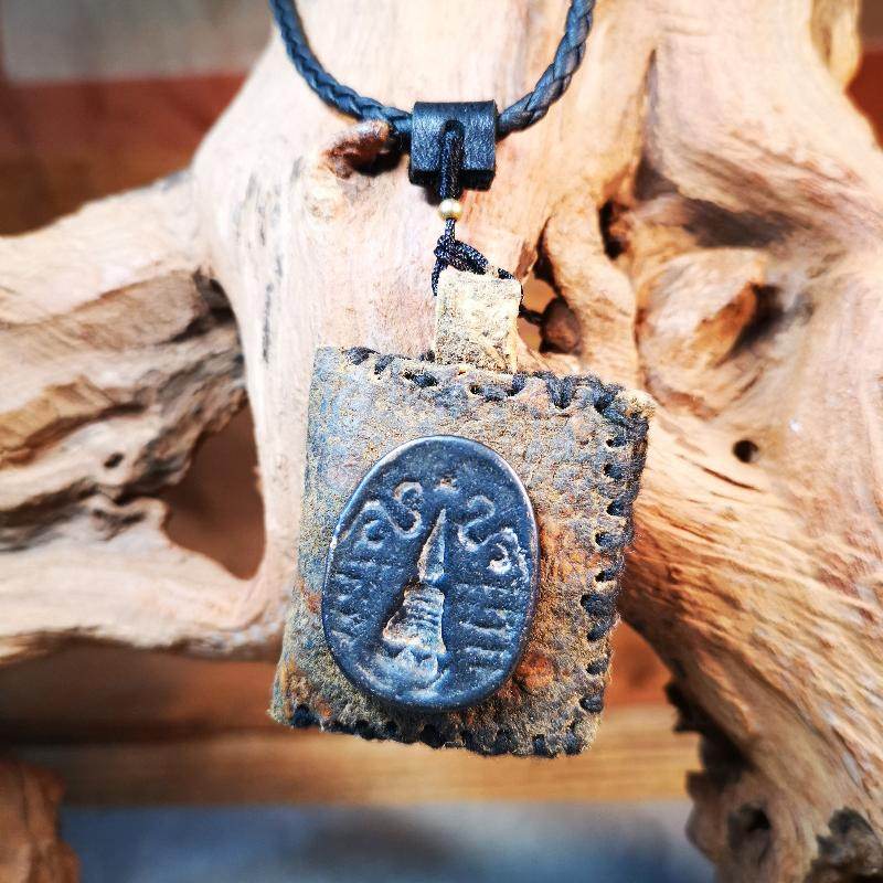 Gandhanra Antique Amulet Pendant,Stupa / Pagoda Tsa Tsa Mold on leather Sachet - Gandhanra-ART