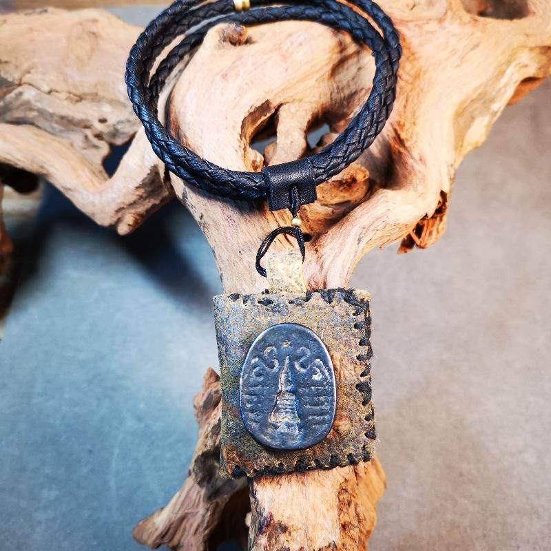 Gandhanra Antique Amulet Pendant,Stupa / Pagoda Tsa Tsa Mold on leather Sachet - Gandhanra-ART