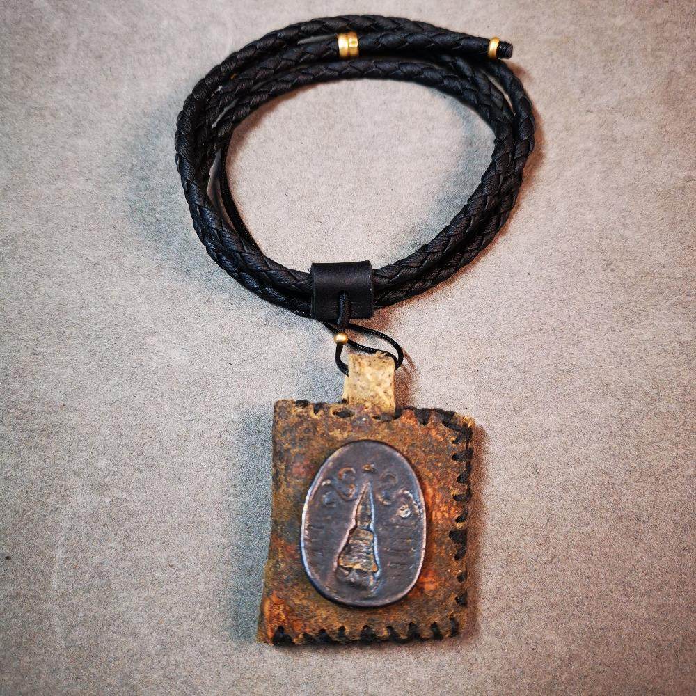 Gandhanra Antique Amulet Pendant,Stupa / Pagoda Tsa Tsa Mold on leather Sachet - Gandhanra-ART